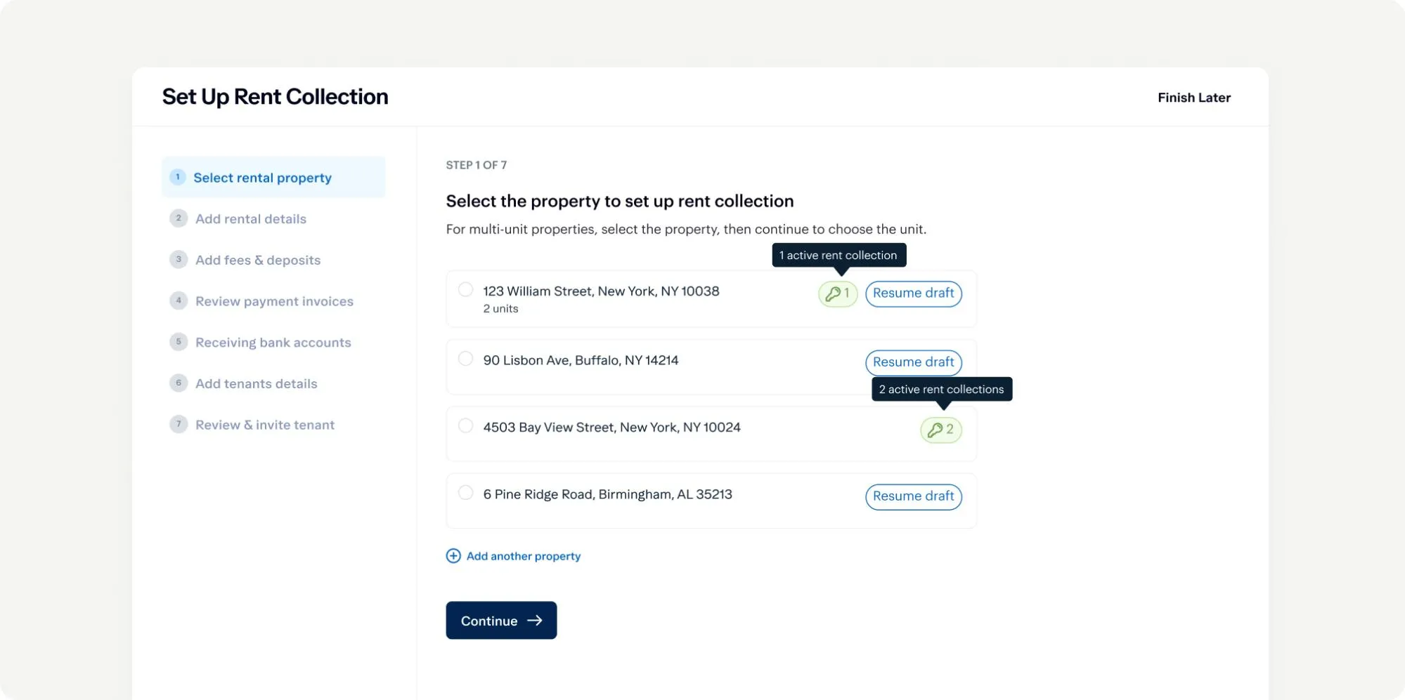 Screenshot of a webpage titled "Set Up Rent Collection." It lists multiple properties with options to select units, resume drafts, or transfer collections. A "Continue" button is at the bottom, and a "Finish Later" option is on the top right.