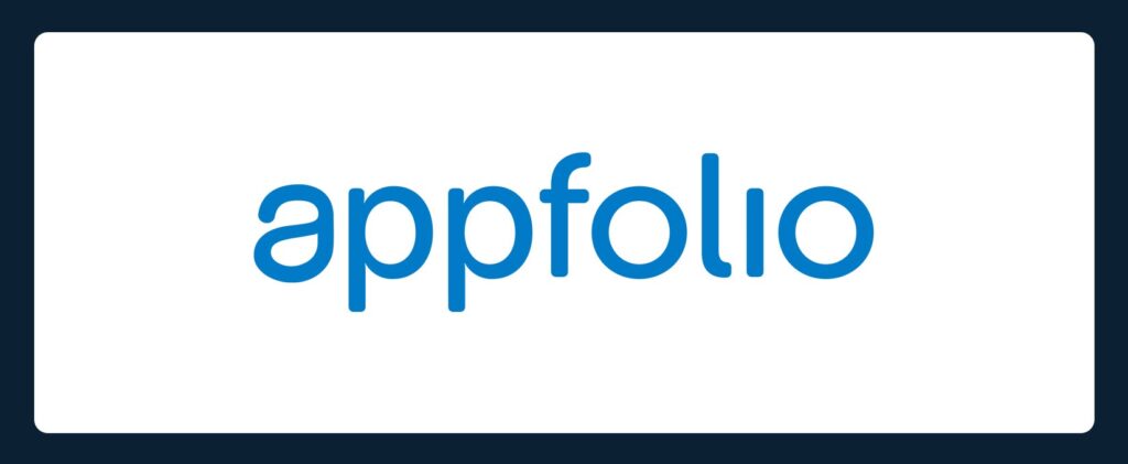 The image shows the Appfolio logo in lowercase blue letters centered on a white background with a dark blue border.