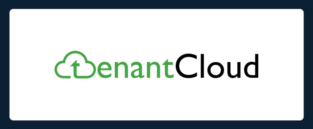TenantCloud logo featuring the word “TenantCloud.” The "T" is stylized as a green cloud with an upward arrow, while the rest of the text is in green and black on a white background, framed by a dark blue border.