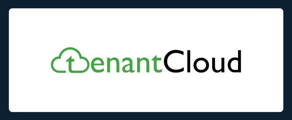 TenantCloud logo featuring the word “TenantCloud.” The "T" is stylized as a green cloud with an upward arrow, while the rest of the text is in green and black on a white background, framed by a dark blue border.