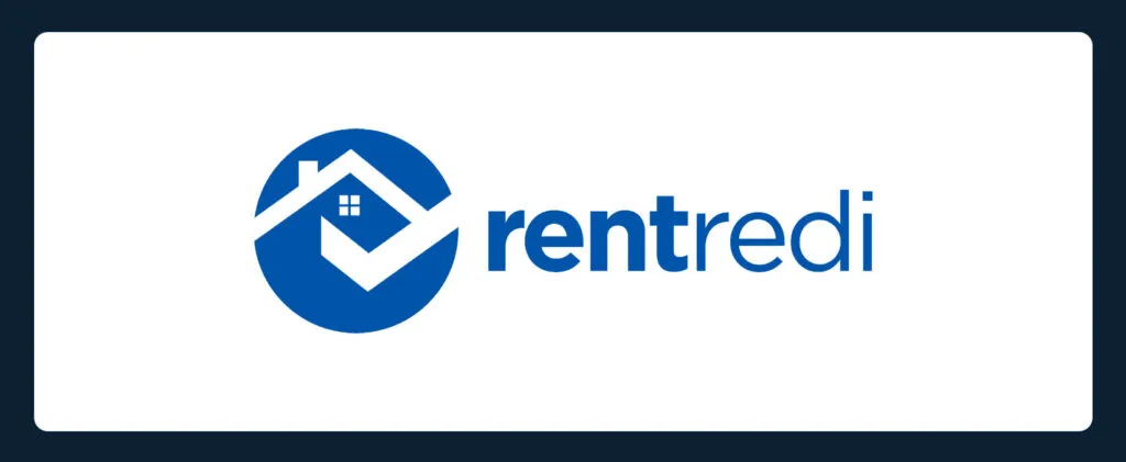 The image shows the RentRedi logo, featuring a blue house icon with a checkmark inside a circle, next to the text "rentredi" in blue lowercase letters on a white background.
