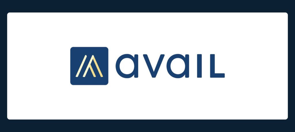 The image displays the word "avail" in blue lowercase letters, with a blue square on the left containing two yellow diagonal lines forming a stylized letter "A." The background is white with a dark blue border.