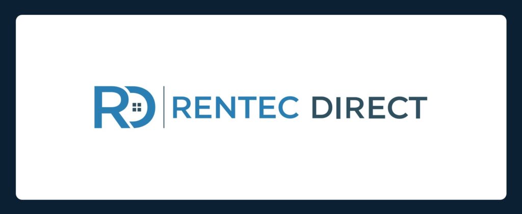 Logo for Rentec Direct. The design features the letters "RD" in blue, with a small window inside the "D," followed by the words "Rentec Direct" in blue and gray text on a white background with a dark border.