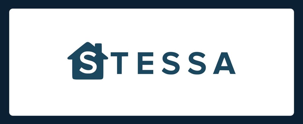 The image shows the word "STESSA" in bold blue letters on a white background. The "S" is inside the outline of a house, forming the logo for the word.
