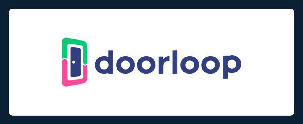 DoorLoop logo featuring a stylized door icon in green and pink to the left of the word "doorloop" written in bold, blue lowercase letters on a white background with a dark blue border.