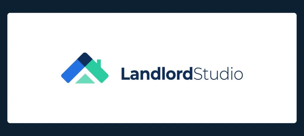 Logo for Landlord Studio featuring a stylized house icon in blue and green shades next to the text "LandlordStudio" in dark blue, all on a white background with rounded edges and a dark border.