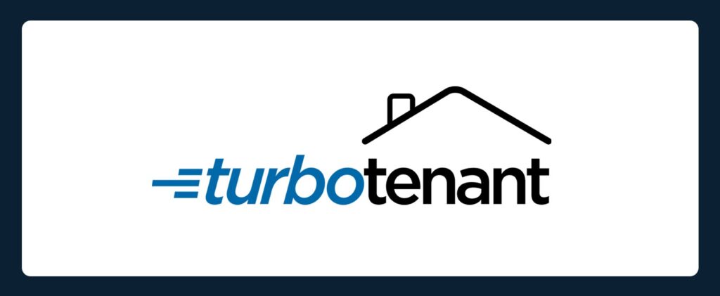 TurboTenant logo with the word "turbo" in blue and "tenant" in black, featuring a stylized roof outline above the text on a white background.