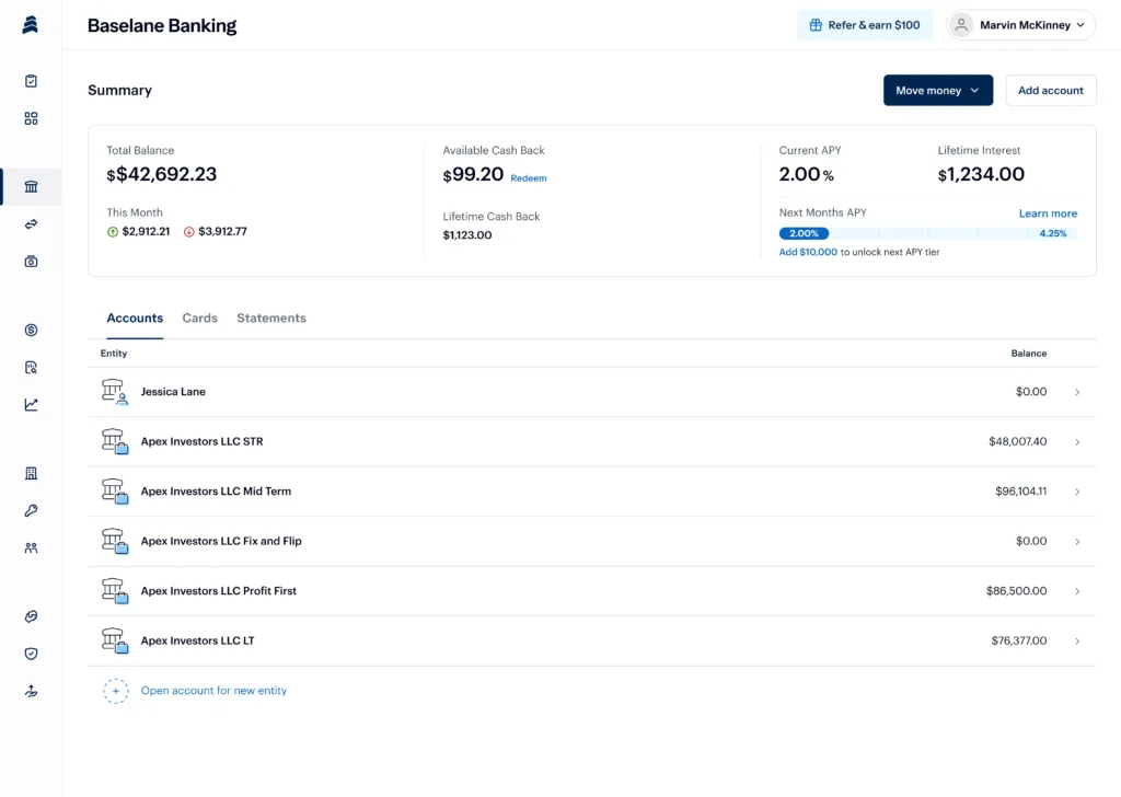 Screenshot of a banking dashboard showing a total balance of $42,692.23, available cash back of $99.20, and various accounts listed with balances. There's an option to refer and earn $100 at the top.