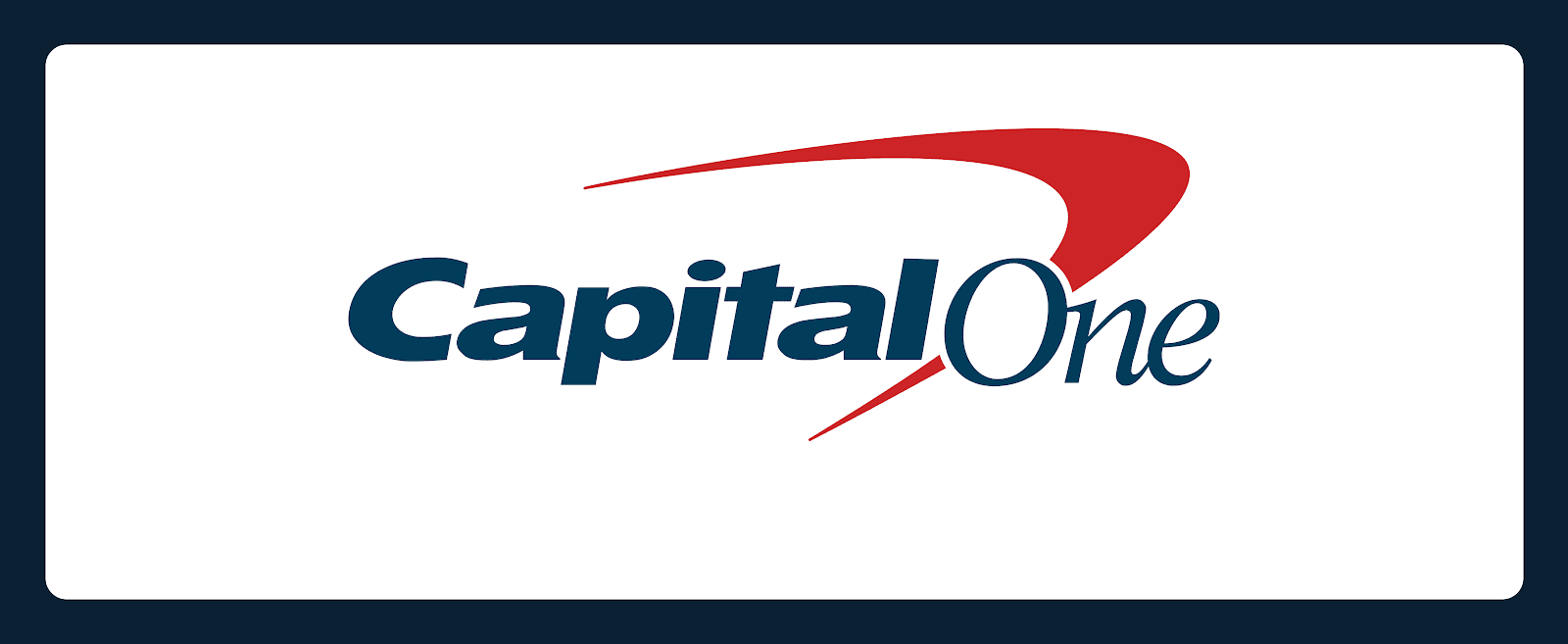 Capital One logo featuring its name in blue and red, with a swoosh design above, placed on a white background with a dark border.