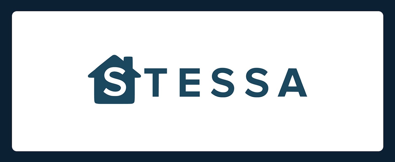 Logo featuring the word "STESSA" in dark blue capital letters on a white background, with a stylized house icon above the letter "S." The house icon integrates the "S" within its frame. The image is bordered by a dark blue frame.