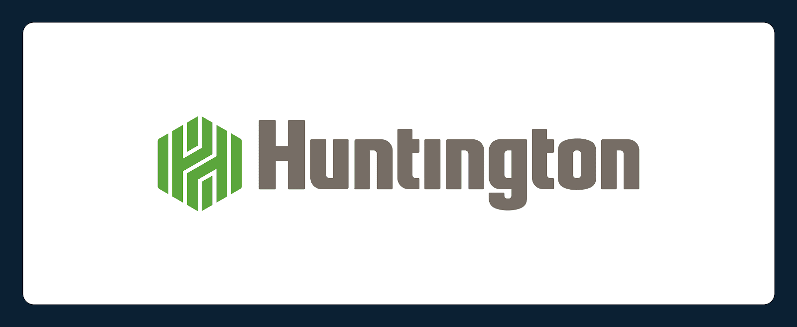Logo featuring the word "Huntington" in gray letters on a white background with a stylized green emblem to the left, enclosed in a dark blue rectangular border.