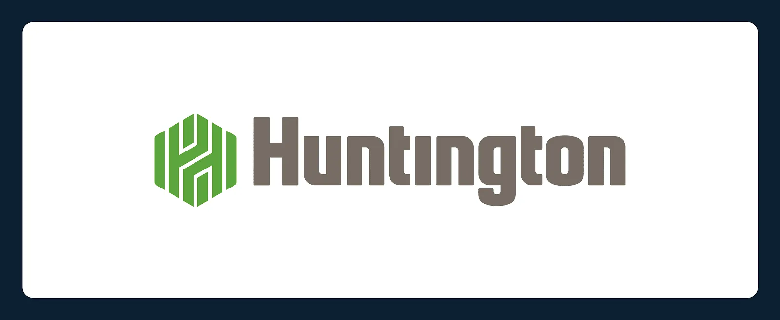 Logo featuring the word "Huntington" in gray letters on a white background with a stylized green emblem to the left, enclosed in a dark blue rectangular border.