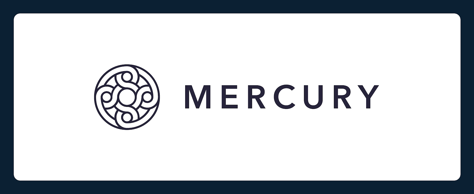 Logo featuring a dark blue circular abstract design next to the word "MERCURY" in uppercase, set against a white background with a dark blue border.