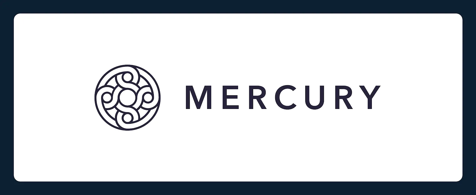 Logo featuring a dark blue circular abstract design next to the word "MERCURY" in uppercase, set against a white background with a dark blue border.