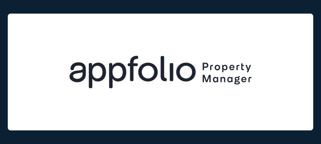 AppFolio Property Manager logo in dark blue text on a white background, surrounded by a dark blue border, representing excellence in property management banking solutions.