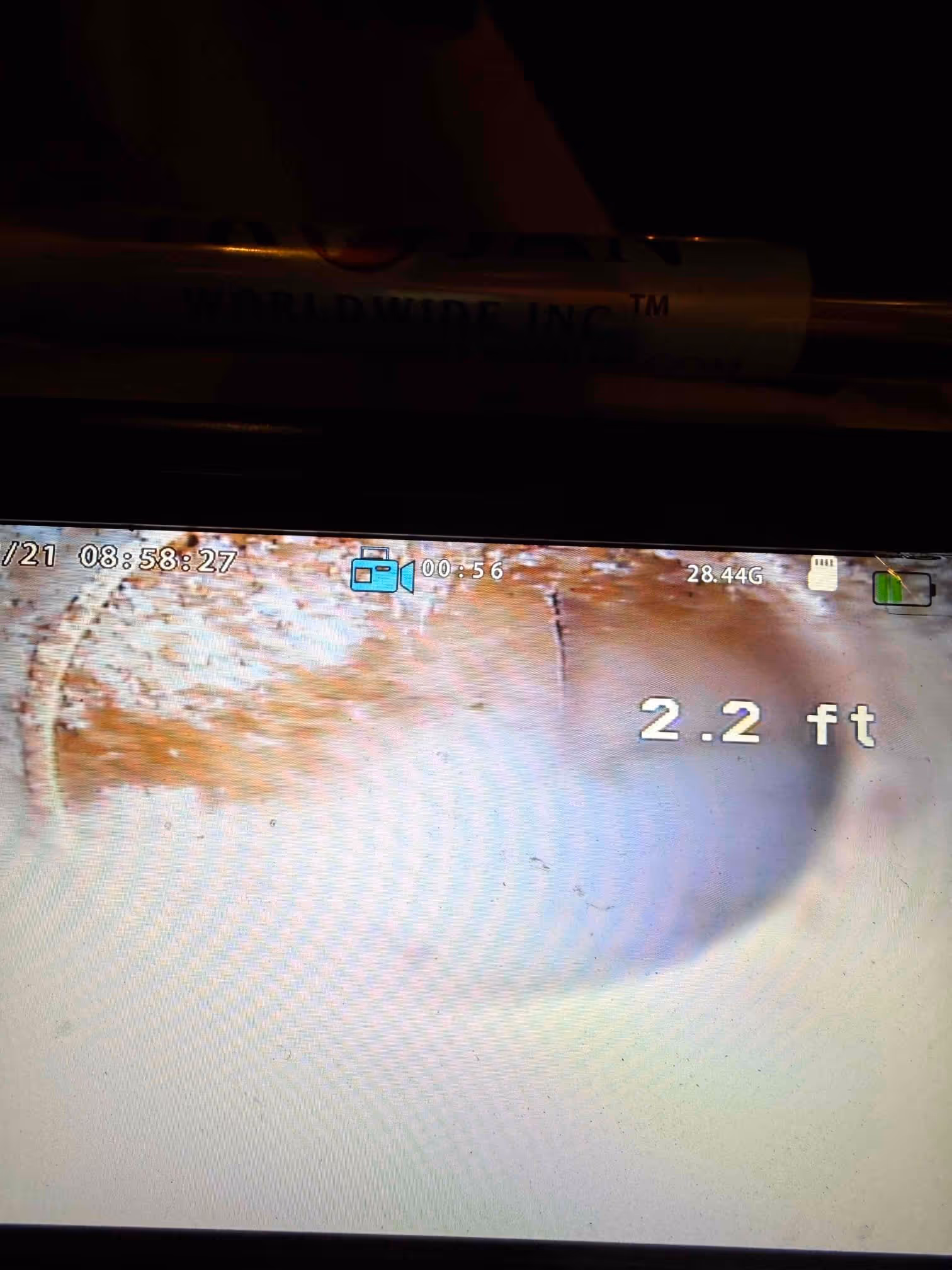 Sewer scope camera footage at 2.2 feet showing the interior of a residential sewer line during an Eden Prairie home buyer inspection