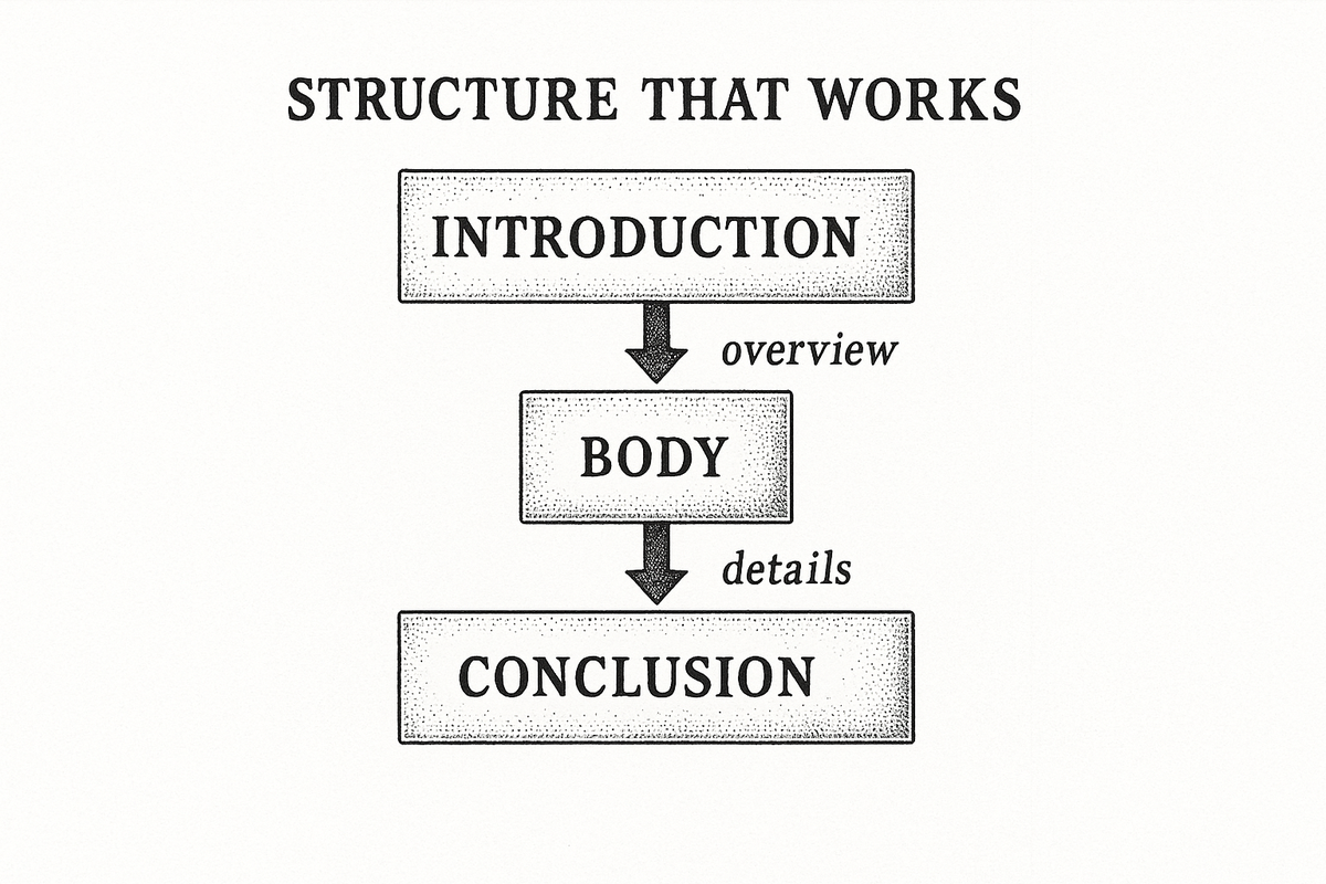 Vertical flow diagram showing the three-part SAR narrative structure: Introduction flows to Body flows to Conclusion