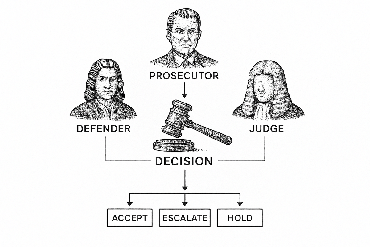 Flow diagram showing three agents Prosecutor Defender and Judge feeding into a decision node with Accept Escalate and Hold outputs