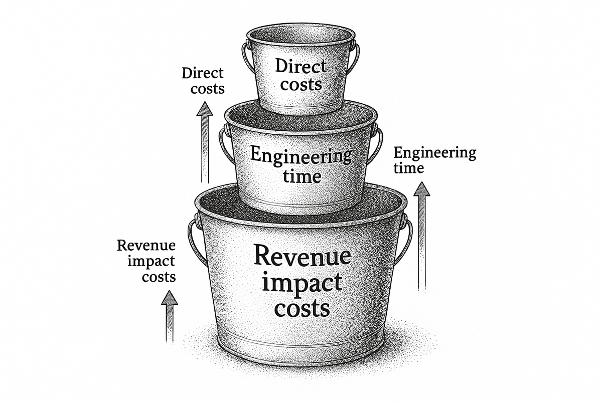 Diagram showing three increasingly larger containers representing the three buckets of compliance costs: direct costs (smallest), engineering time (medium), and revenue impact costs (largest)