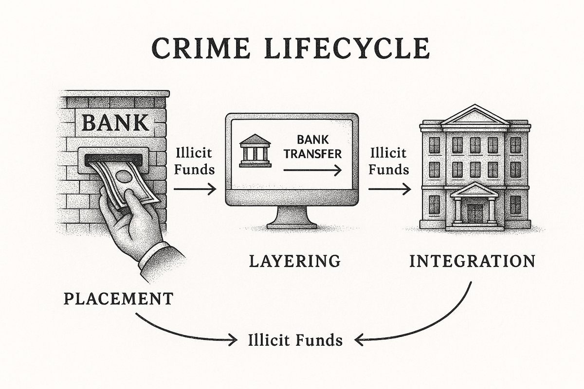 Diagram showing the three stages of the financial crime lifecycle: placement of illicit funds into the banking system, layering through transfers between institutions, and integration back into the legitimate economy