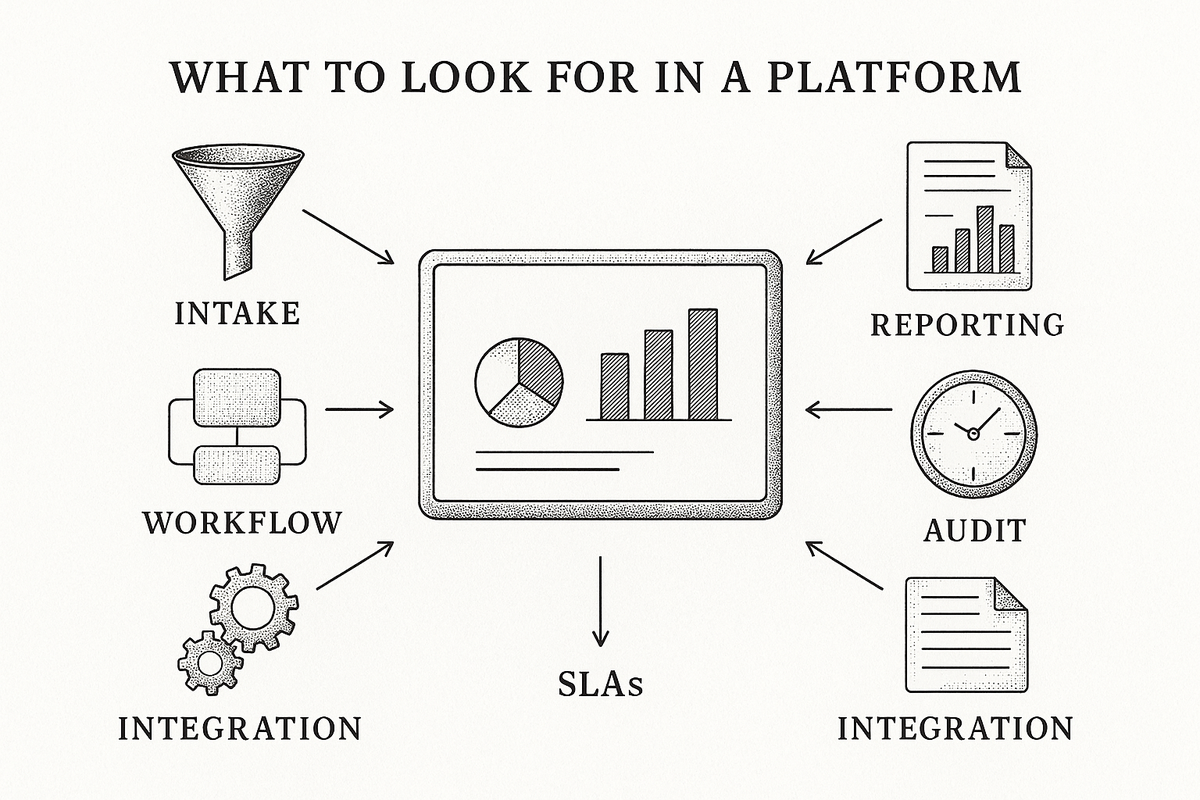 Diagram showing six evaluation criteria for compliance case management platforms: intake, workflow, reporting, audit, SLAs, and integration