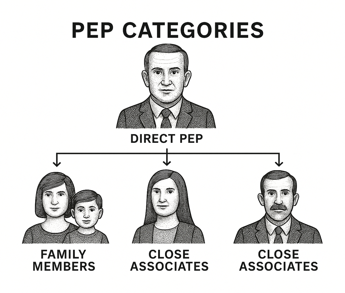 Diagram showing three PEP categories: Direct PEP at top, branching down to Family Members and Close Associates