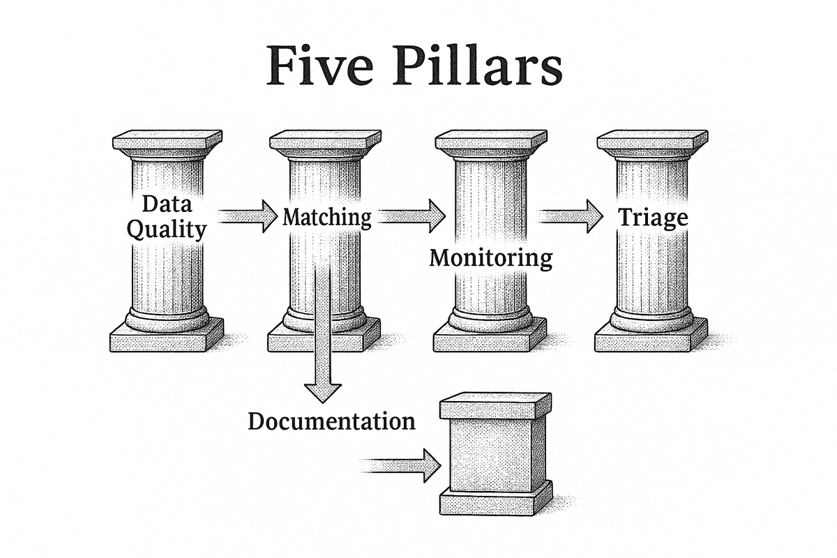 Five pillars of an effective PEP screening program: Data Quality, Matching, Monitoring, Documentation, and Triage