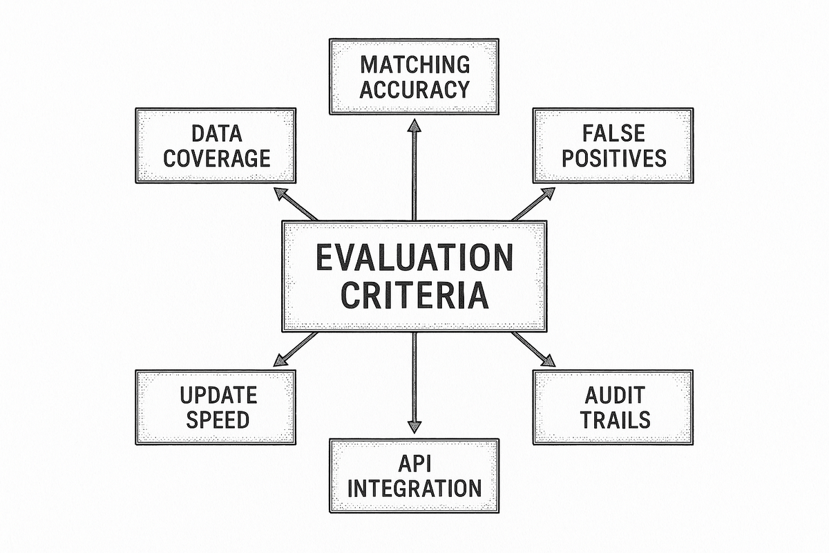 Diagram showing six evaluation criteria for sanctions screening platforms: data coverage, matching accuracy, false positives, update speed, API integration, and audit trails