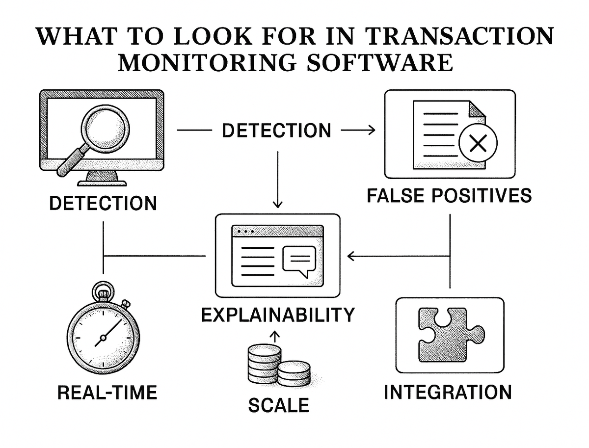 Diagram showing six evaluation criteria for transaction monitoring software: detection accuracy, false positive management, real-time processing, scalability, explainability, and integration model