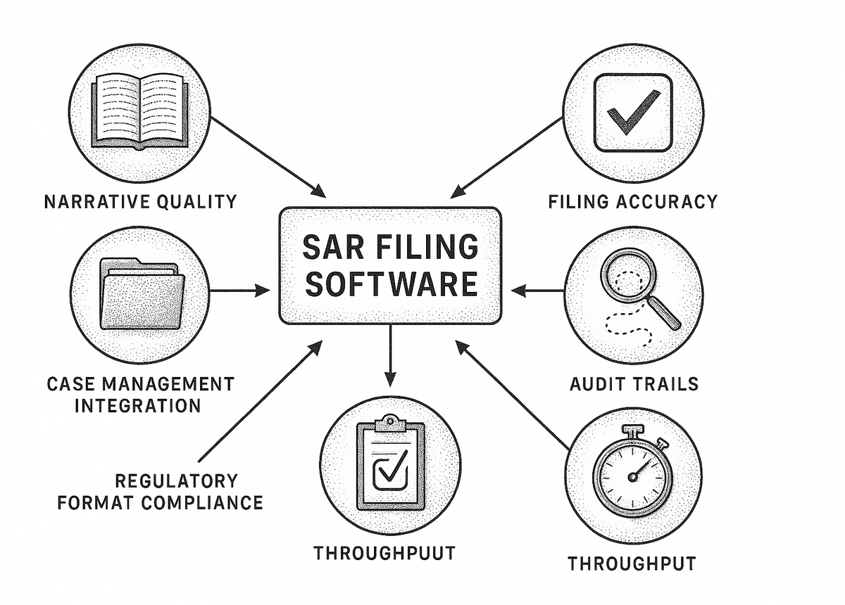 Diagram showing six evaluation criteria for SAR filing software: narrative quality, filing accuracy, case management integration, audit trails, regulatory format compliance, and throughput