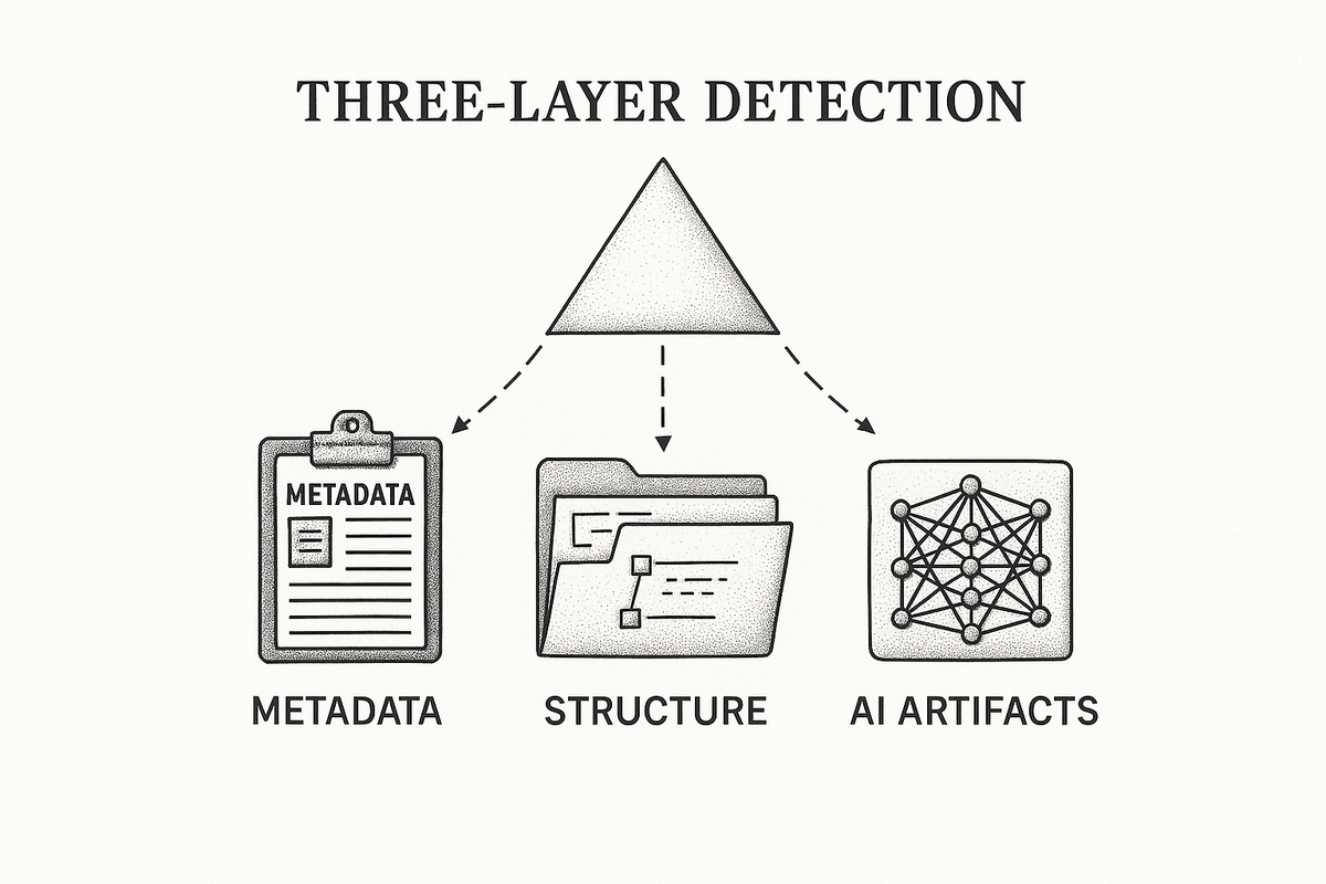 Diagram showing three-layer document detection approach: metadata analysis, structural analysis, and AI artifact detection