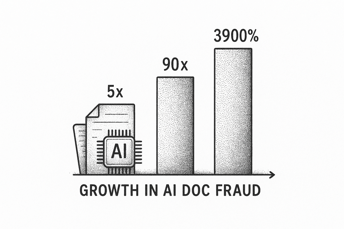 Bar chart showing escalating growth rates in AI document fraud: 5x increase in detected cases, 90x increase in generative AI detections, and 3,900% projected year-over-year growth