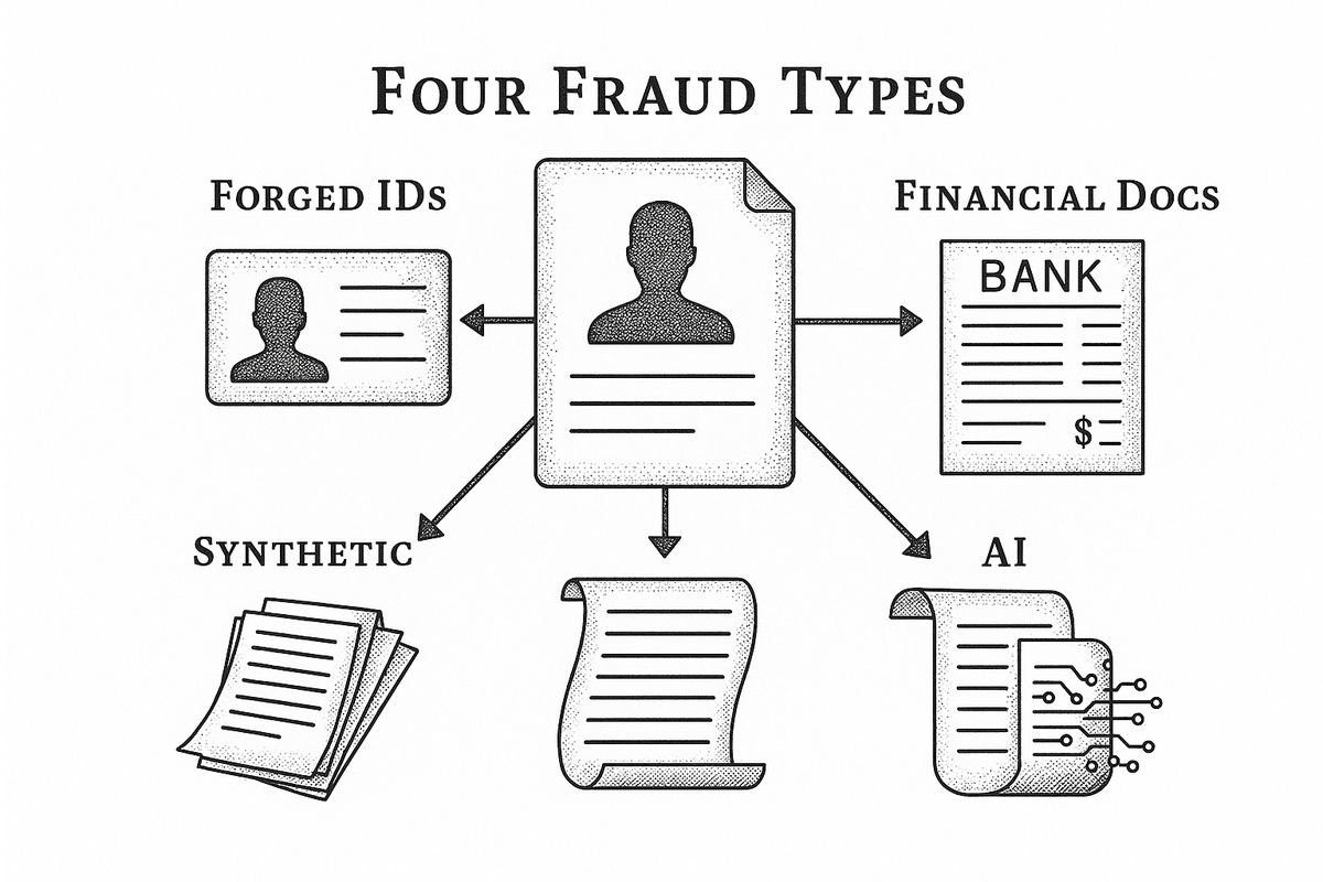 Diagram showing four categories of document fraud: forged identity documents, manipulated financial documents, synthetic identity packages, and AI-generated documents