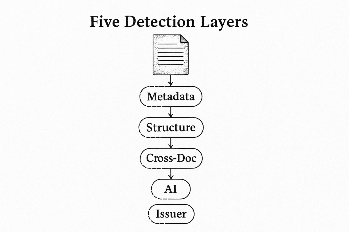 Vertical flow diagram showing five detection layers: metadata analysis, structural integrity, cross-document consistency, AI-generation detection, and issuer verification