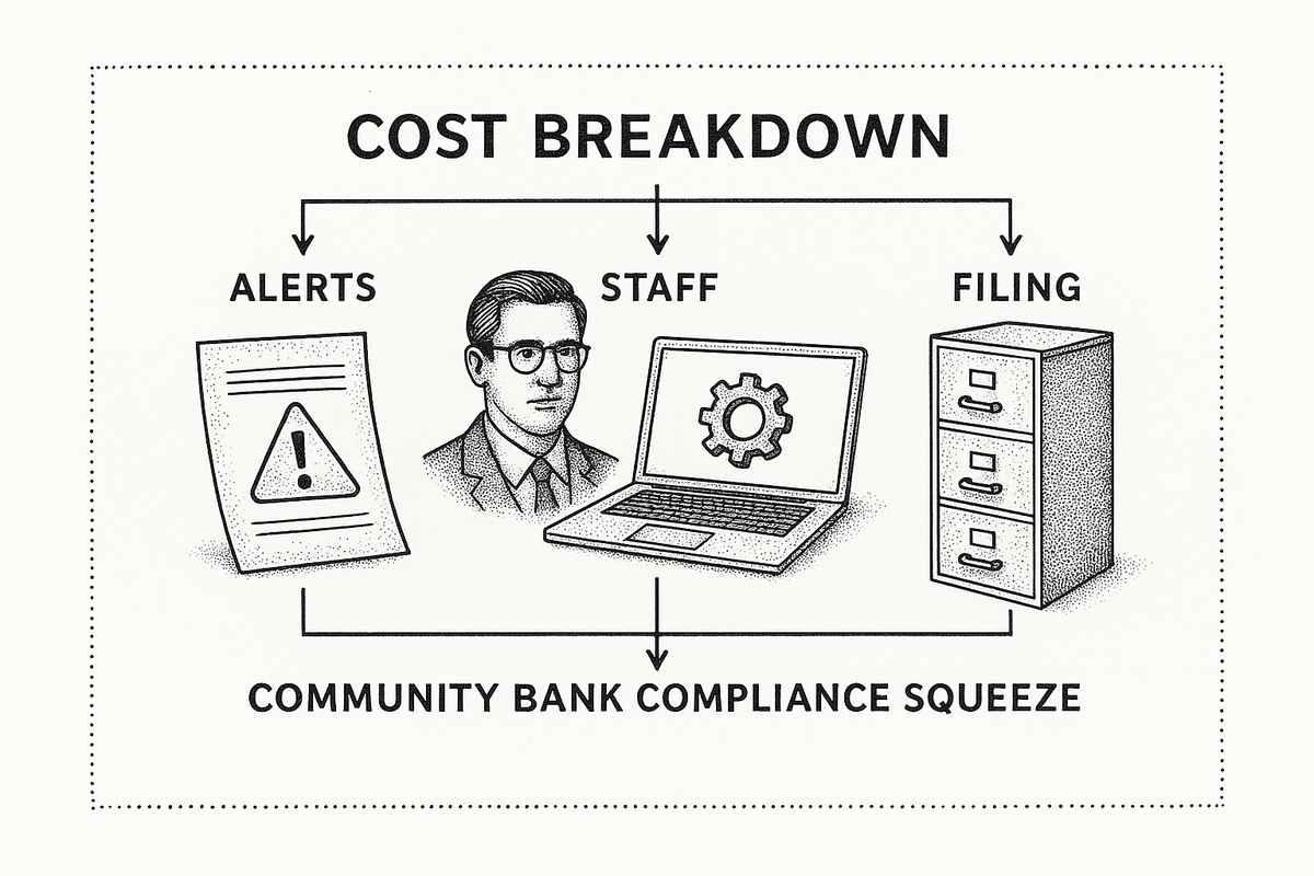 Diagram showing community bank compliance cost breakdown across alerts, staff, software, and filing categories