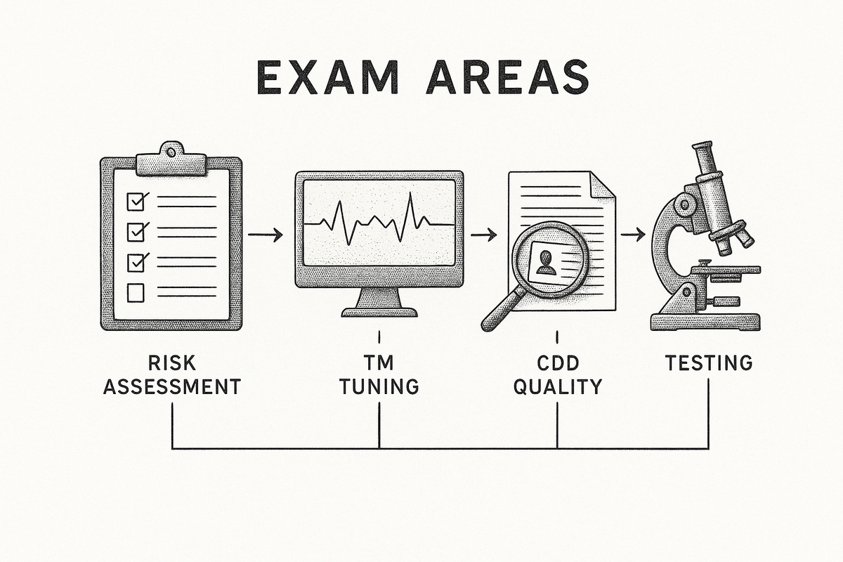 Diagram showing five BSA exam evaluation areas: Risk Assessment, Transaction Monitoring Tuning, SAR Quality, CDD/EDD Documentation, and Independent Testing