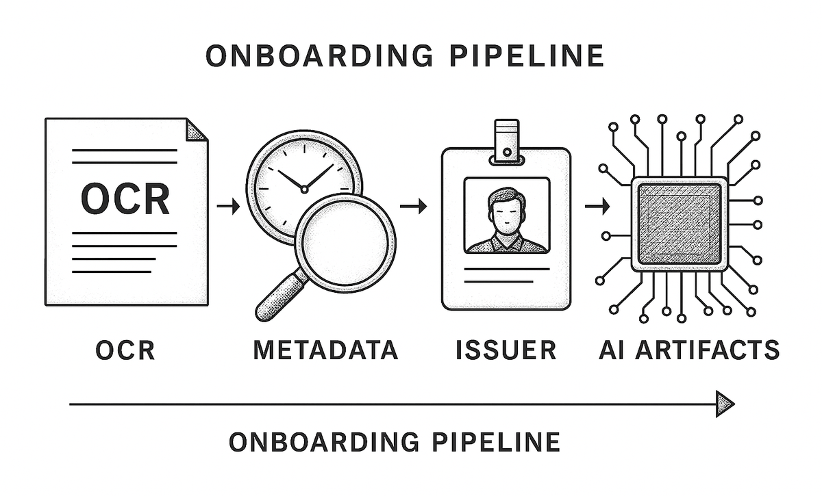 Onboarding verification pipeline diagram showing four sequential checks: OCR extraction, metadata analysis, issuer cross-reference, and AI artifact detection