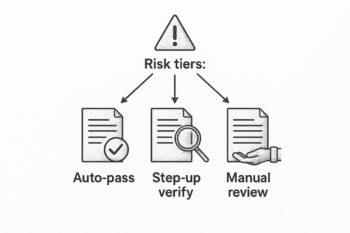 Risk-based tiering diagram showing three tiers: low-risk documents auto-pass, medium-risk trigger step-up verification, high-risk route to manual review