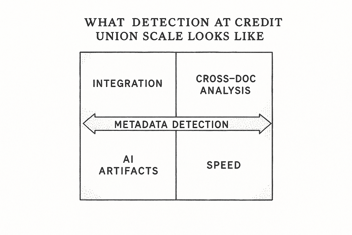 Four-box evaluation grid showing detection criteria: Integration, Cross-Doc Analysis, AI Artifacts, and Speed