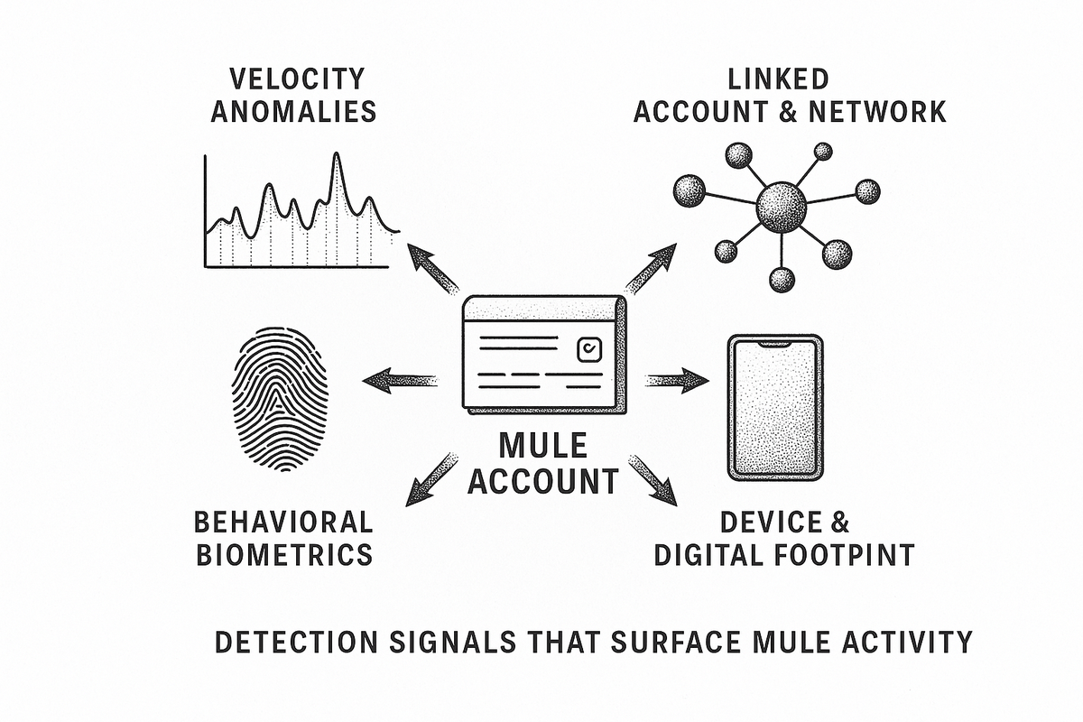 Diagram showing four detection signal categories — velocity anomalies, linked account and network signals, behavioral biometrics, and device and digital footprint — converging on a central mule account