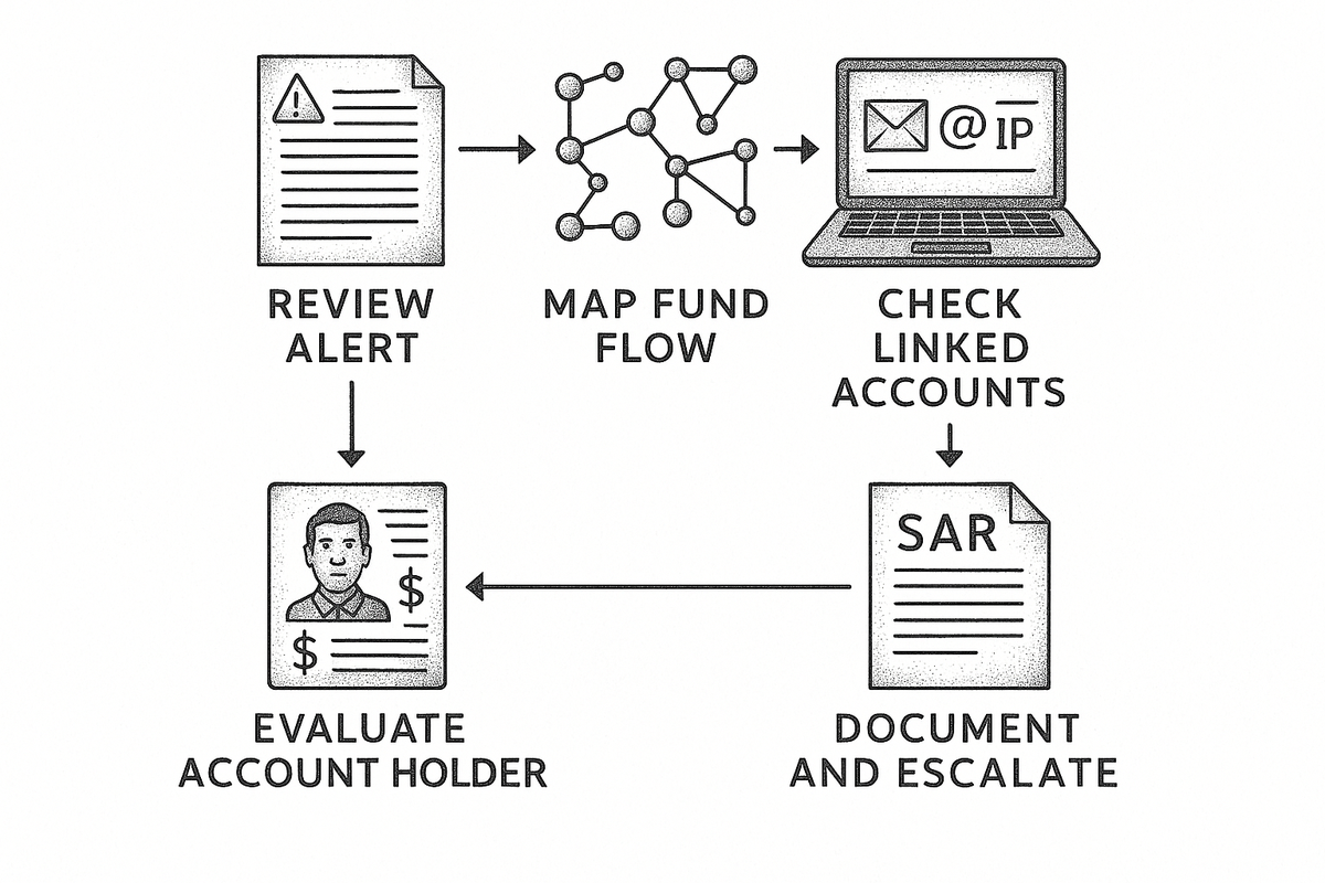 Five-step investigation flowchart for mule accounts: review alert, map fund flow, check linked accounts, evaluate account holder, document and escalate to SAR filing