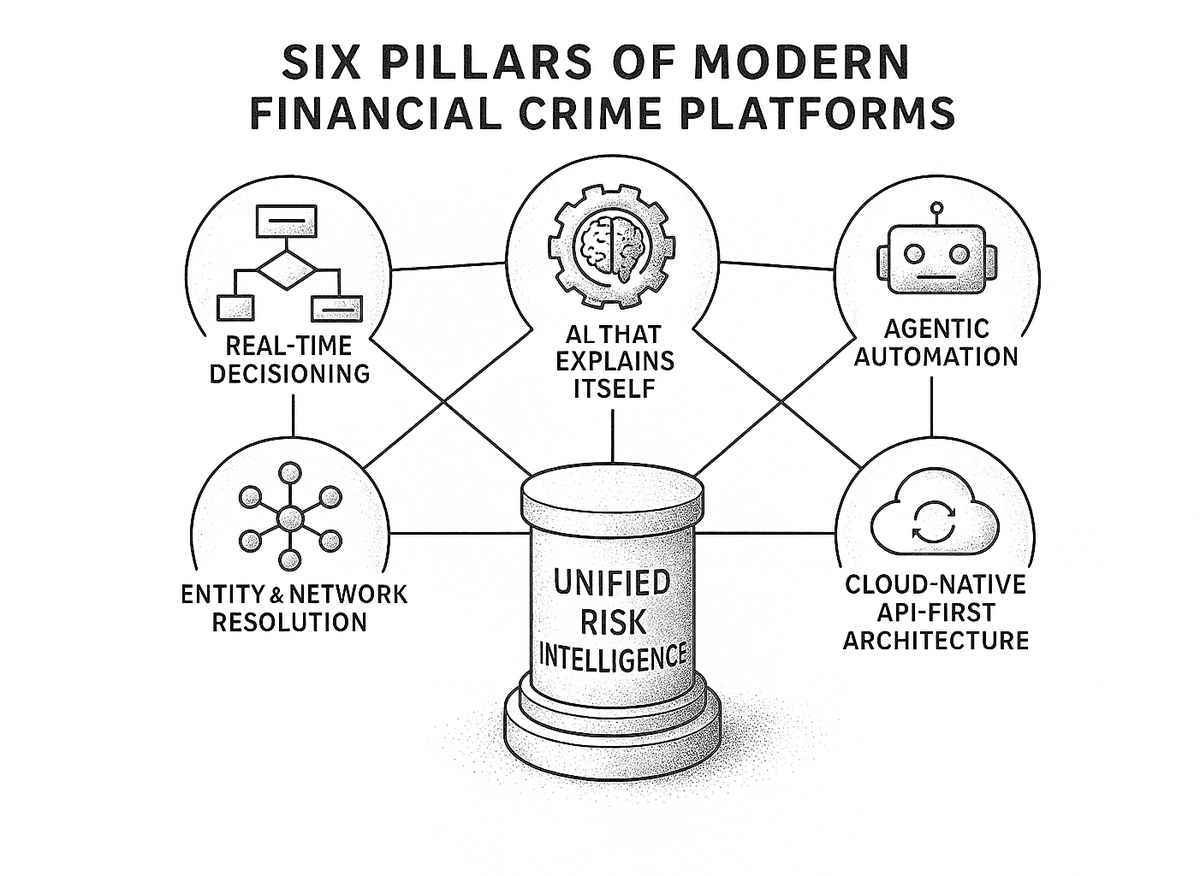 Diagram showing six pillars of modern financial crime platforms: unified risk intelligence, real-time decisioning, explainable AI, agentic automation, entity resolution, and cloud-native architecture