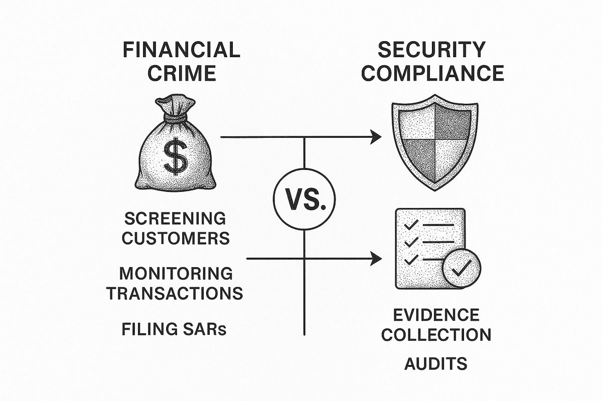 Diagram comparing financial crime compliance and security compliance: screening, monitoring, SARs on one side versus evidence collection and audits on the other