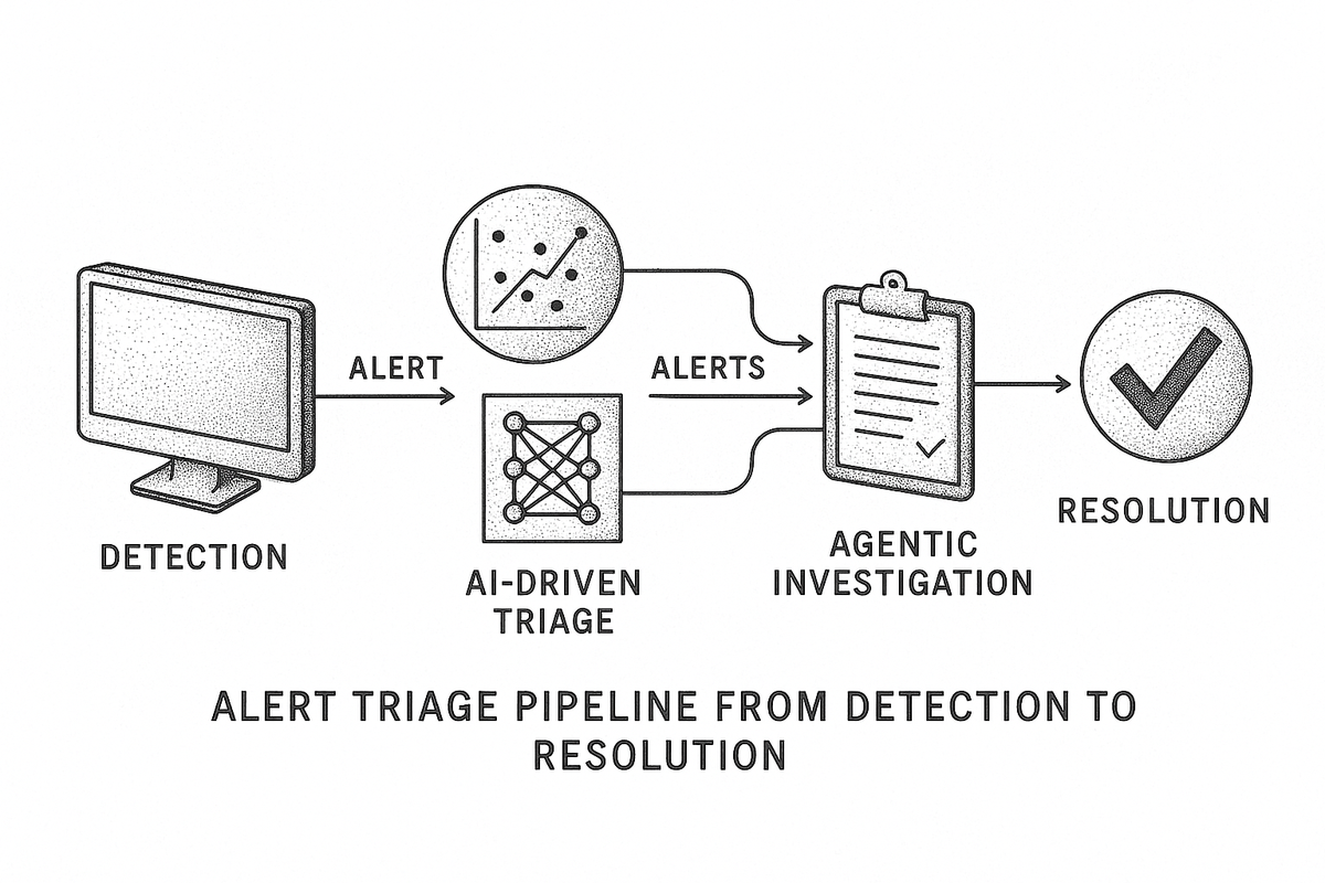 Pipeline diagram showing the flow from detection through alert generation, AI-driven triage, agentic investigation, to resolution
