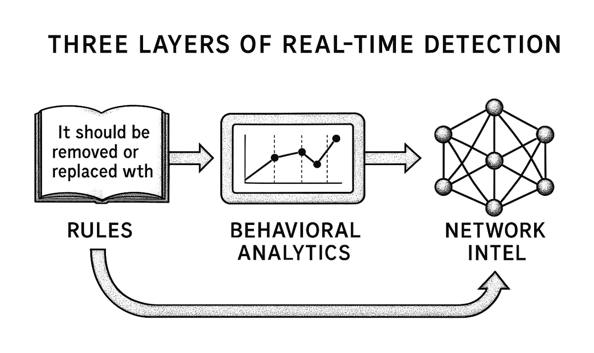 Layered diagram showing three detection layers: rules-based screening, behavioral analytics, and network consortium intelligence