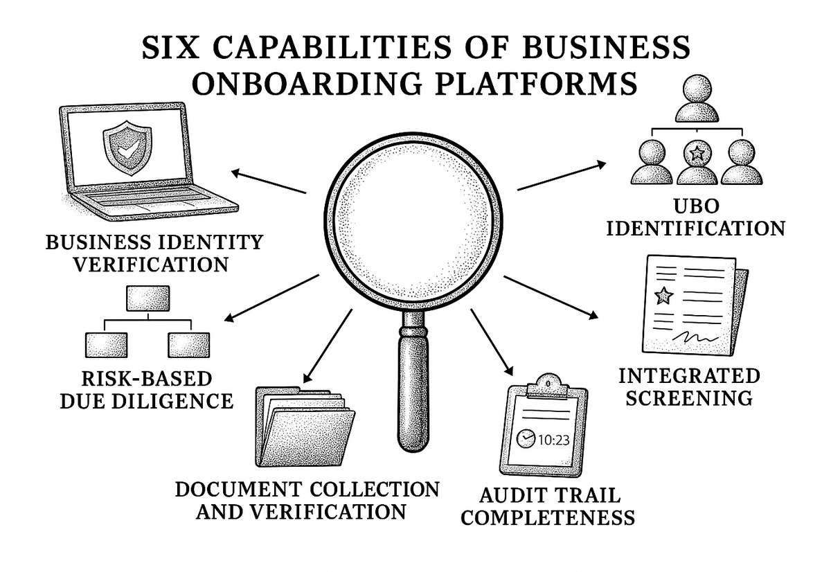 Diagram showing six capabilities: business identity verification, UBO identification, integrated screening, risk-based due diligence, document collection, and audit trail completeness