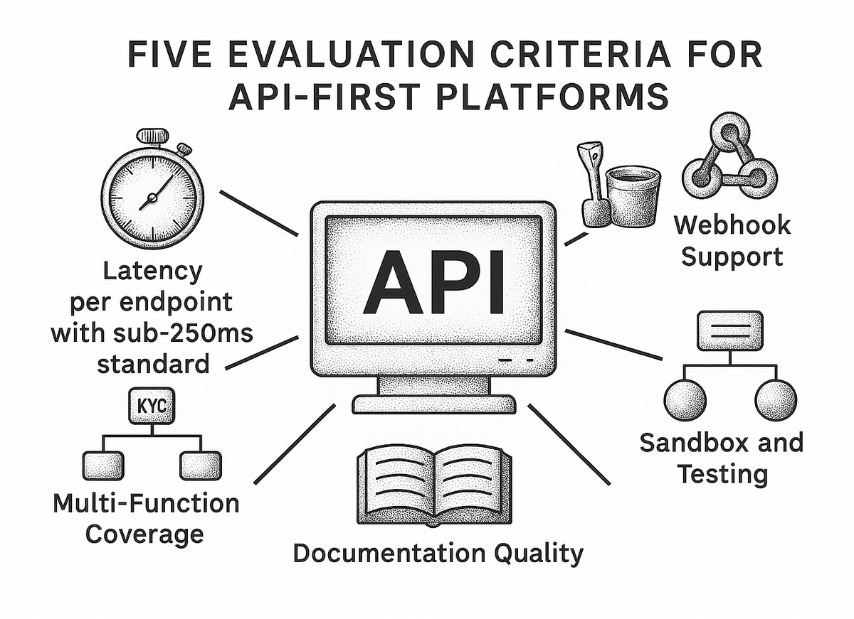 Diagram showing five evaluation criteria: latency under 250ms, sandbox testing, webhook support, documentation quality, and multi-function API coverage
