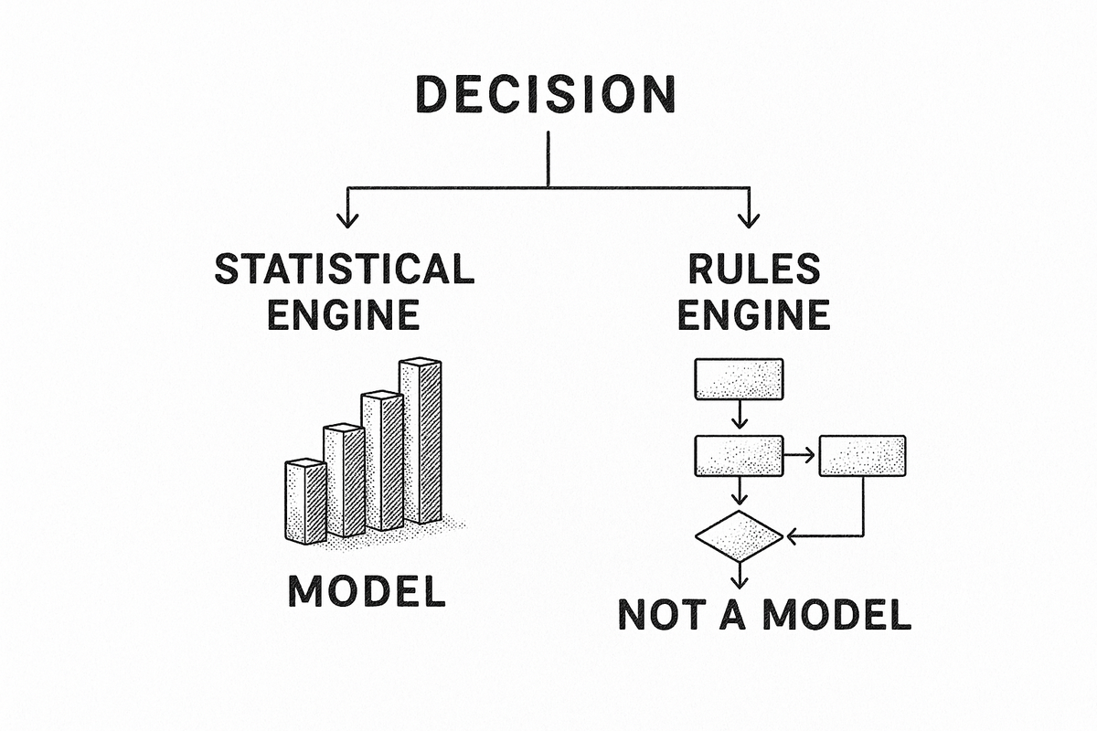 Decision diagram branching from a classification decision into a statistical engine, labelled a model, and a deterministic rules engine, labelled not a model