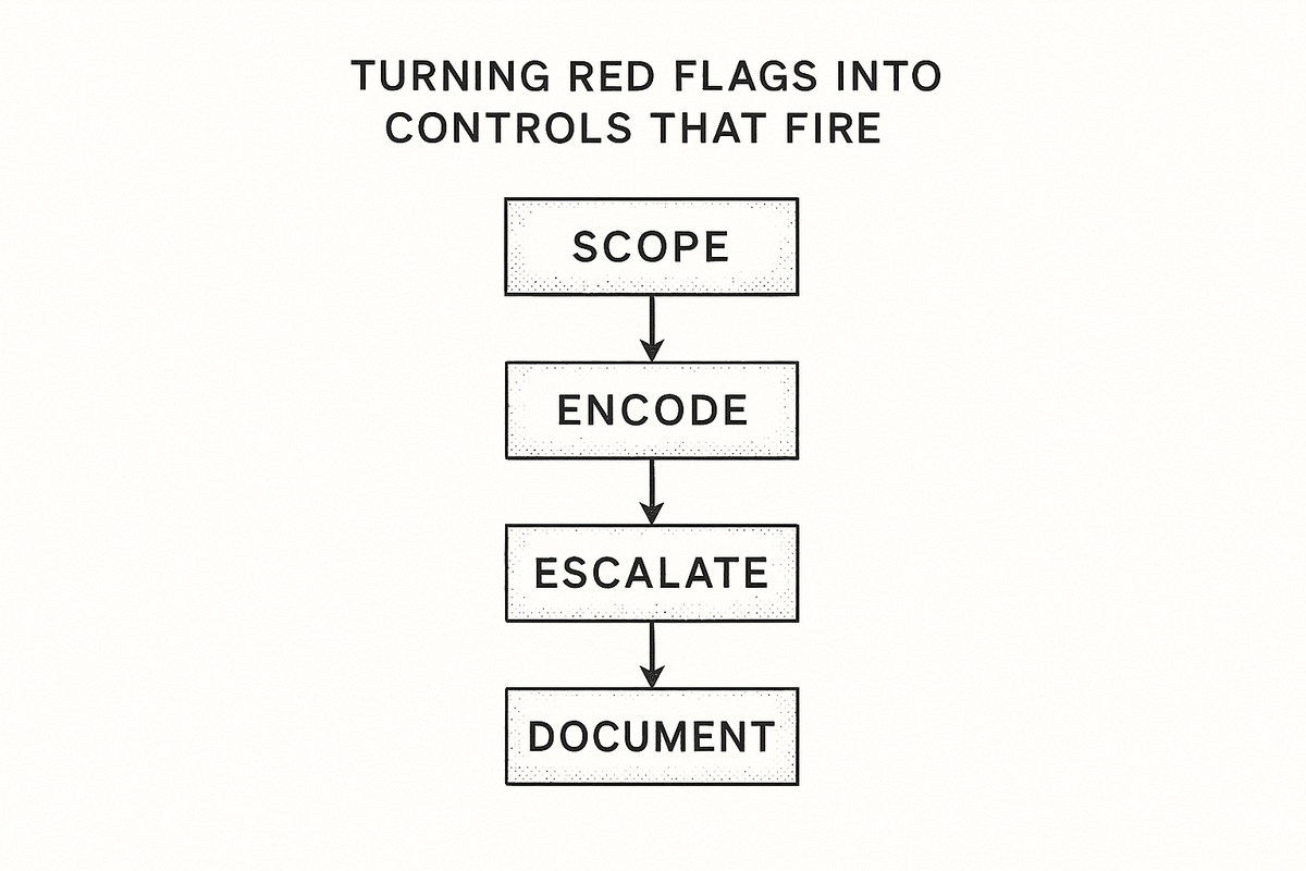 Vertical flowchart showing four sequential steps for operationalizing sanctions evasion red flags: Scope, Encode, Escalate, Document