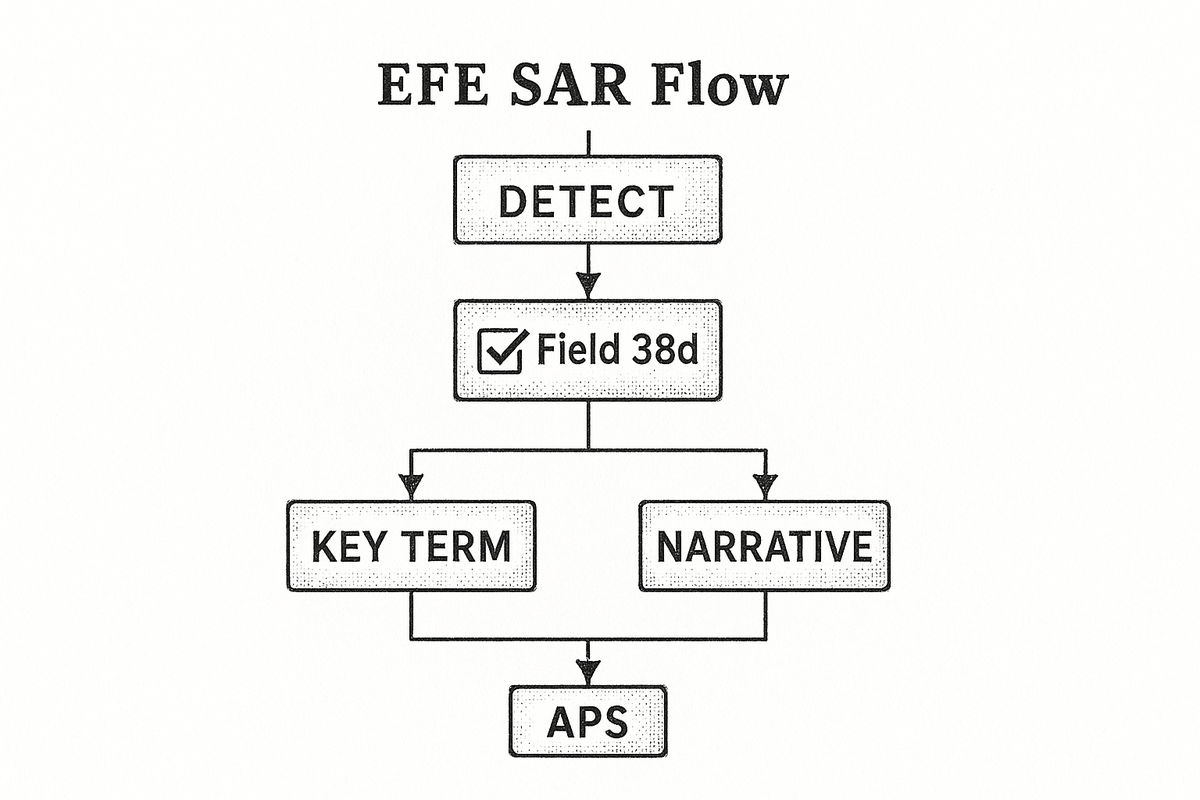 Flow diagram from detection to the Field 38(d) checkbox, then to the FinCEN key term and SAR narrative, and on to an Adult Protective Services referral
